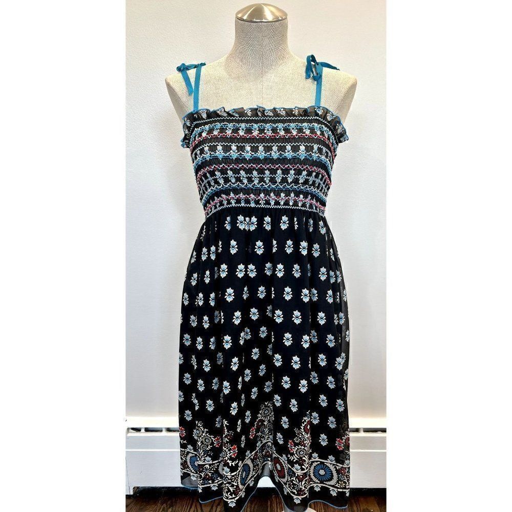 Anna Sui Smocked Floral Silk Sundress in Black Size XS